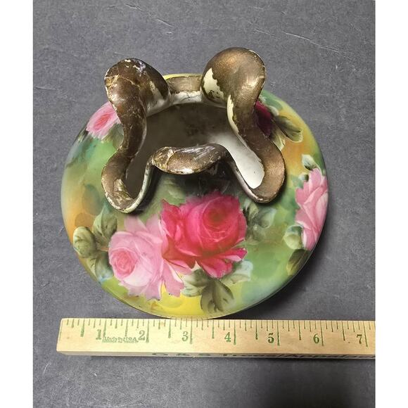 Vintage Hand Painted Porcelain Rose Bowl Vase Gilt Rim Pink Roses *repairs - Picture 12 of 12